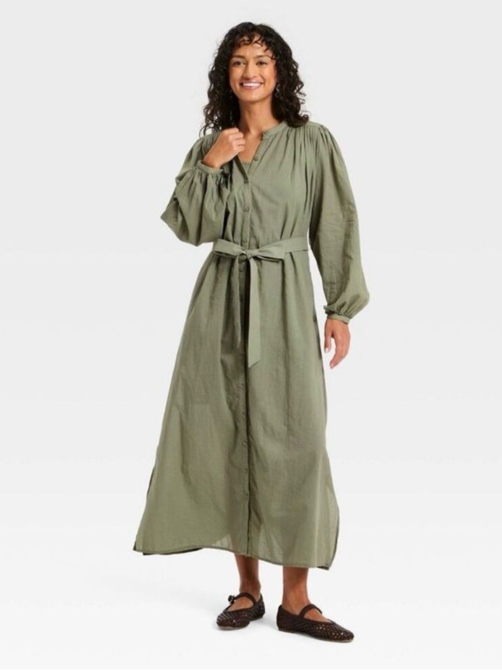 Cotton Olive Green Long-Sleeve Shirt Dress Belted Maxi Lightweight New